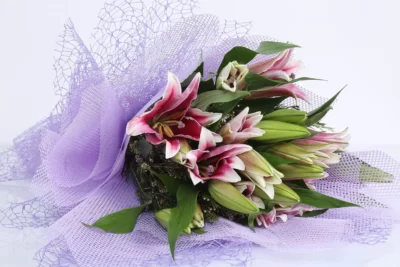 Hand Bunches Pink Oriental Lily & Pink Wax Flowers