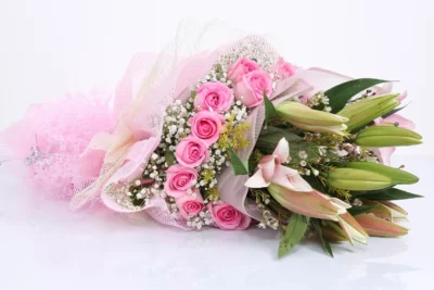 Hand Bunches Pink Oriental Lily, Revival Roses & Pink Wax Flowers