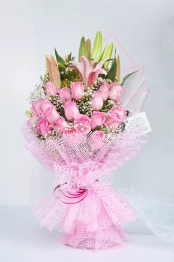 Hand Bunches Oriental Lily, Roses, Gypsophila & Wax Flowers