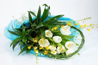 Hand Bunches 9 White Tulips & 9 Yellow Oncidium Orchids