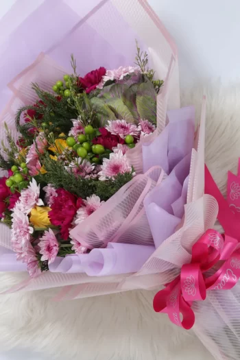 Hand Bunches Roses, Carnations, Brassica, Berry, Daisy & Wax Flowers