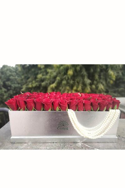 Box Arrangements Big Silver Box Of 70 Red Roses With White Pearl