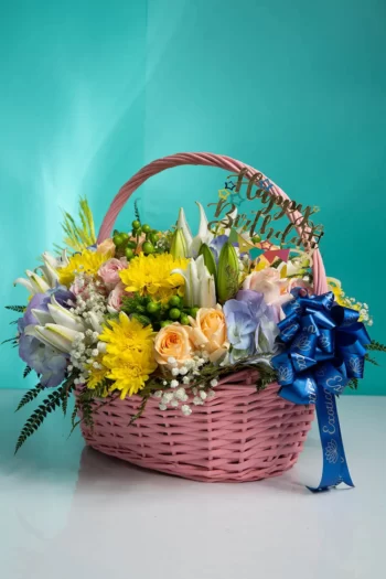 Basket Arrangements Basket of Hydrangea, Lily, Roses, Daisy & Berry