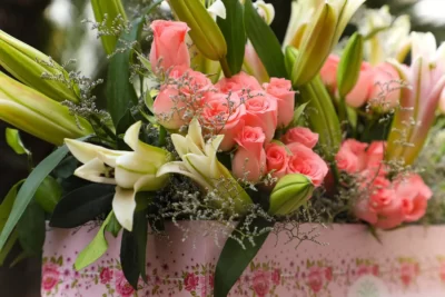 Box Arrangements Big Box of Pink Oriental Lily, Baby Pink Roses & Limonium