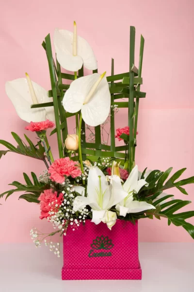 Box Arrangements Cube Box of Lily, Anthuriums & Carnations