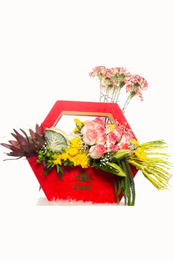 Box Arrangements Hexagon Box of Carnations, Roses, Daisy & Berry