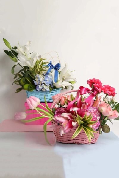 Basket Arrangements Basket of Carnations, Tulips, Lily & Roses