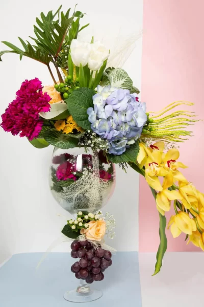 Glass Vase Arrangements Glass Vase of Cymbidium, Roses, Tulips, Hydrangea & Carnations