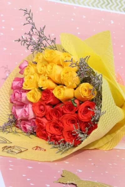 Fresh Flowers Limonium, Mix of Pink Yellow & Ornage Roses