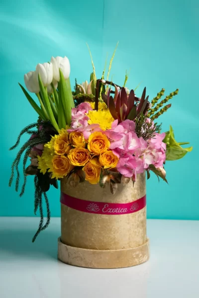 Box Arrangements Round Box of Tulips, Roses, Lily, Hydrangea & Daisy