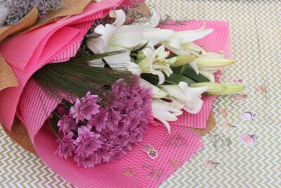 Fresh Flowers White Oriental, Pink Daisy & Limonium