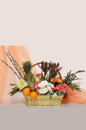 Basket Arrangements Golden Basket of Fruits & Flower Combo