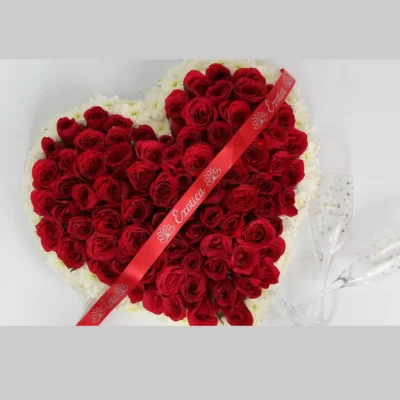Fresh Flowers Heart Shape Arrangement of Red Roses & White Daisy