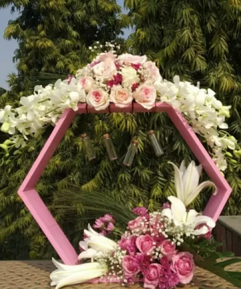 Fresh Flowers Hexagon Wooden Base of Lily, Roses, Orchid & Daisy