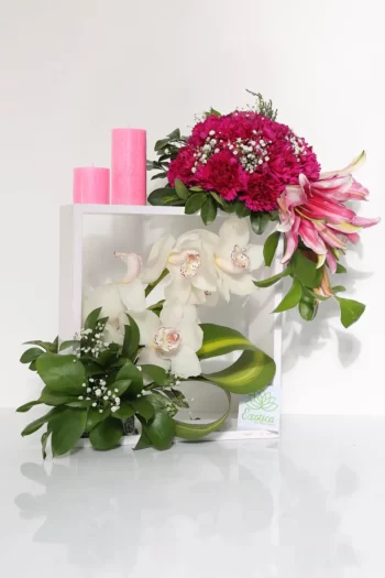 Fresh Flowers Square Wooden Base of Carnations, Oriental Lily & Cymbidium