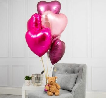 Balloon Bunches Bunch of 6 Pink Heart Balloons With Small Teddy