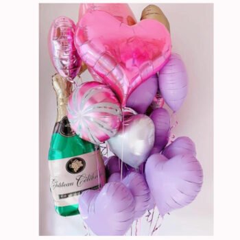 Balloon Bunches Big Heart, Small Heart, Bubbly Wine & Swirly Round Balloons