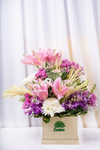 Box Arrangements Flower Arrangements Of Pink Oriental Lily, Supari Mocha With Lilac Daisy