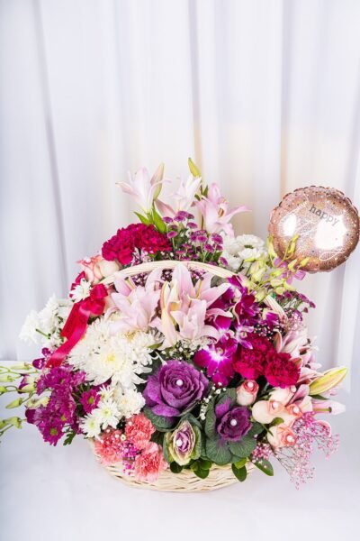 Basket Arrangements Basket Flower Of Purple Orchids, Pink Oriental Lily With Birthday Balloon 9″