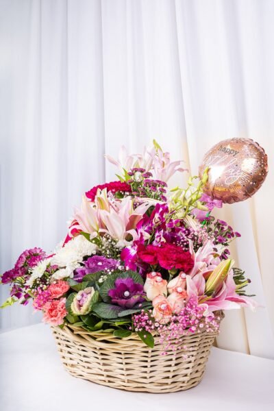 Basket Arrangements Basket Flower Of Purple Orchids, Pink Oriental Lily With Birthday Balloon 9″
