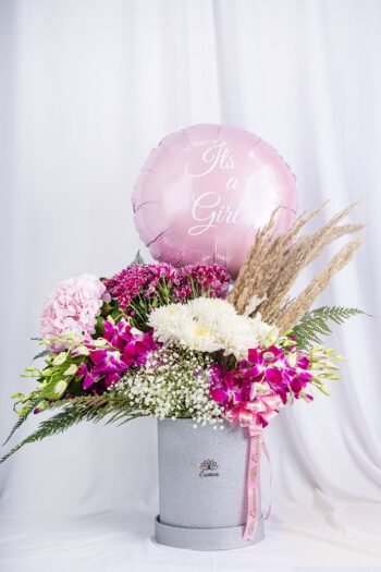 Box Arrangements Flower Box Of Purple Orchids, Pink Hydrenga With Round Balloon