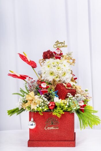 Christmas And New Year Box Arrangement Of Flower & Christmas Decorations Items