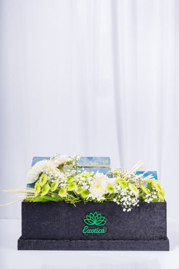 Box Arrangements Flower Arrangement Of Green Daisy & Chrisantimam With Gifts