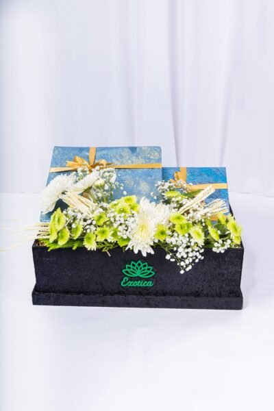 Box Arrangements Flower Arrangement Of Green Daisy & Chrisantimam With Gifts