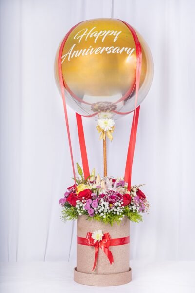 Box Arrangements Flower Arrangement Of Lily, Daisy, Carnation & Red Roses With Globe Balloon