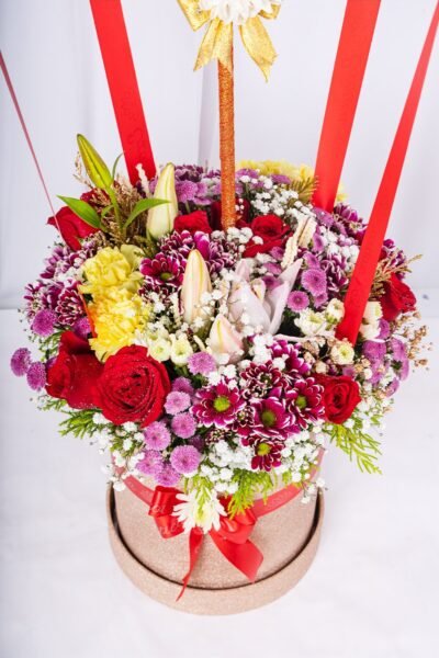 Box Arrangements Flower Arrangement Of Lily, Daisy, Carnation & Red Roses With Globe Balloon