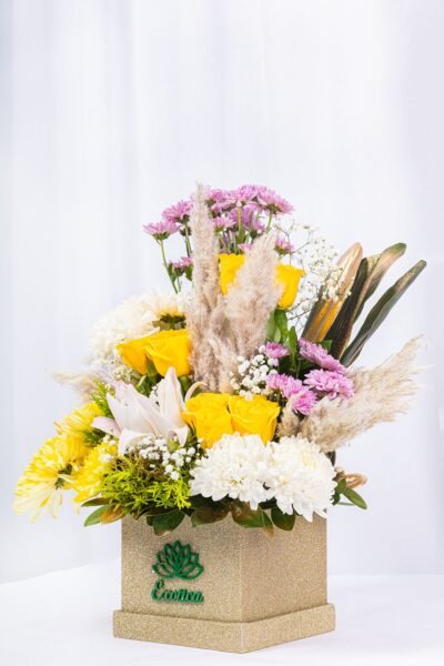 Box Arrangements Flower Arrangement Of Yellow Roses, Pampus & Chrisantimam With Daisy
