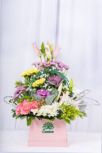 Box Arrangements Flower Arrangement Of  Light Pink & Lemon Carnation With Brassica