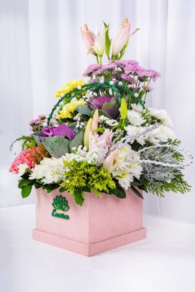 Box Arrangements Flower Arrangement Of  Light Pink & Lemon Carnation With Brassica