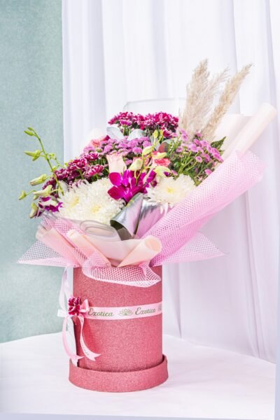 Box Arrangements Flower Arrangement Of  Light Pink  Carnation, Purple Orchids With Chrisanrtimam