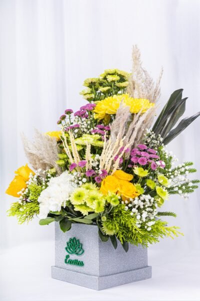 Box Arrangements Flower Arrangement Of Yellow Roses, Green Daisy With Pampus