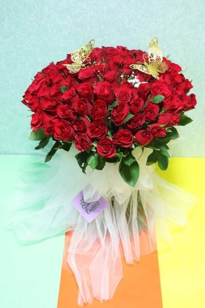 Fresh Flowers Flower Bunch Of Red Roses With Golden Butterfly