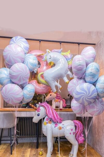 Balloon Arrangements Balloon Bunch Of Swirlys With Unicorn & Number 3