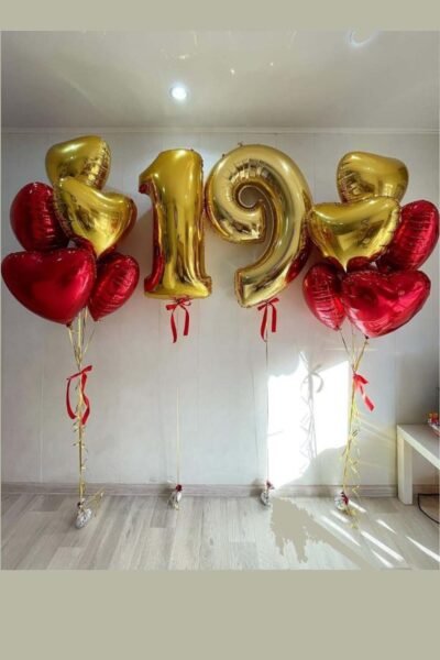 Balloon Arrangements Balloon Bunch Of Gold & Red Heart With Number 19