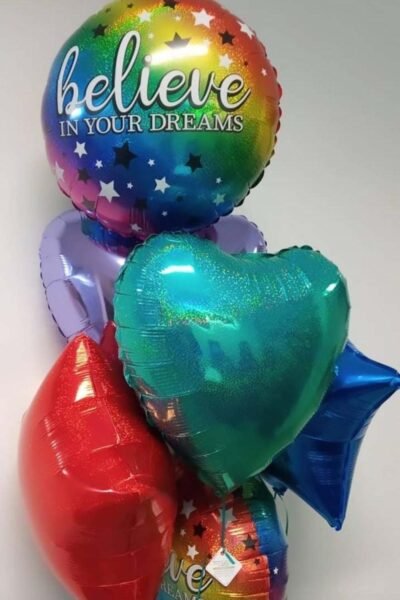 Balloon Arrangements Balloon Bunch Of Stars & Heart With Rainbow Believe