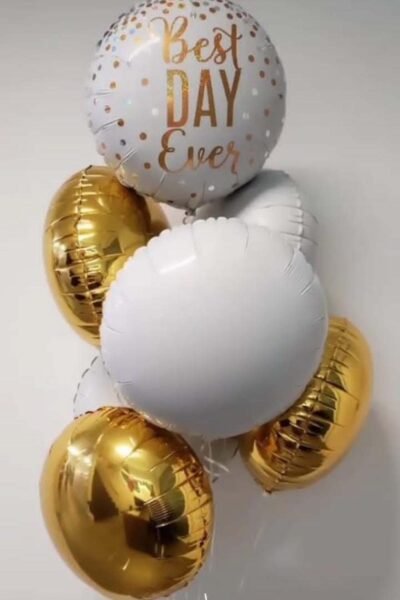 Balloon Arrangements Balloon Bunch Of Gold & White Round With Glittering Best Day Ever