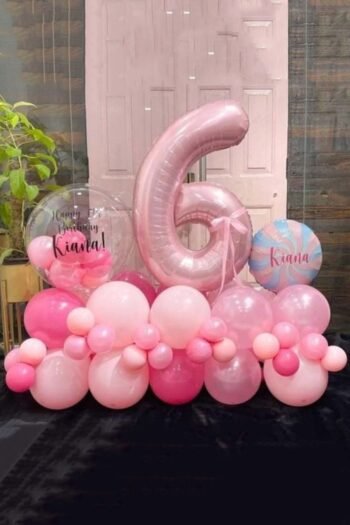 Balloon Arrangements Balloon Arrangement Of latex With Number 6 & Swirly Matte Pink & Tiffany