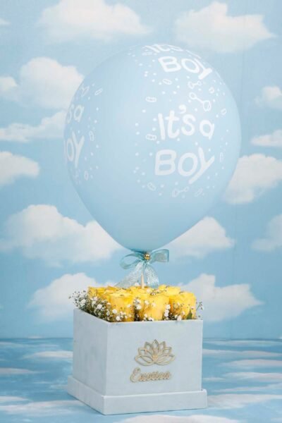 Box Arrangements Flower Box Of Yellow Roses & Balloon For Baby Boy