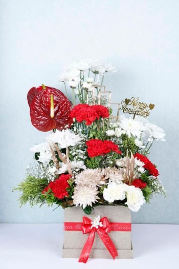 Box Arrangements Flower Box Of Red & White Carnation With Red Anthurium