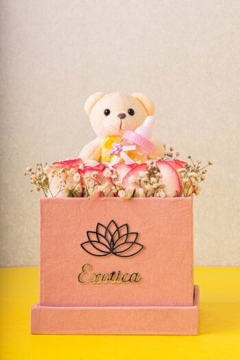 Box Arrangements Flower Box Of Jumiia Roses With Small Teddy & Baby Bottle