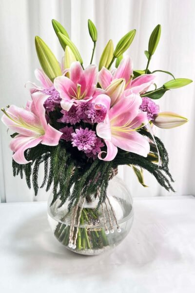 Fresh Flowers Flower Arrangement Of Pink Oriental Lily & Purple Daisy In Fish Bowl