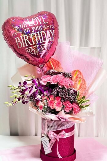 Box Arrangements Flower Box Of Pink Anthurium, Light Pink Carnation With Birthday Balloon