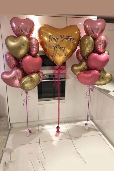 Balloon Arrangements Balloon Bunch Of Holographic Gold Heart With Gold, Bubble Gum. Rose Gold, Pastel Pink Heart