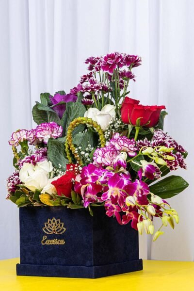 Box Arrangements Flower Box Of Red & White Roses With Purple Orchids