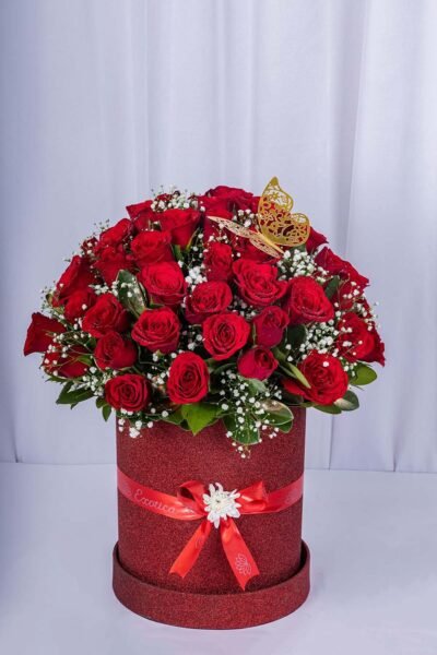 Box Arrangements Flower Box Of Red Roses & Gypso With Golden Butterfly