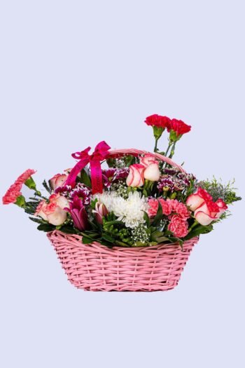 Basket Arrangements Flower Arrangement Of Revival Roses, Daisy, Carnation With Pink Basket